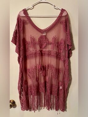 Rachel Zoe Pink Sheer Embroidered Fringe Beach Cover-up